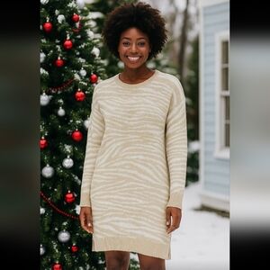 Banana Moon Tan Cream Animal Print Long Sleeve Festive Winter Knit Sweater Dress